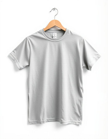 Blank t-shirt on hanger on white background. Mockup for designの写真素材