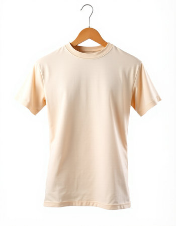 Blank t-shirt on wooden hanger isolated on white backgroundの写真素材