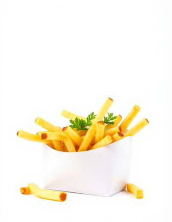French fries in a white box on a white background with parsleyの写真素材