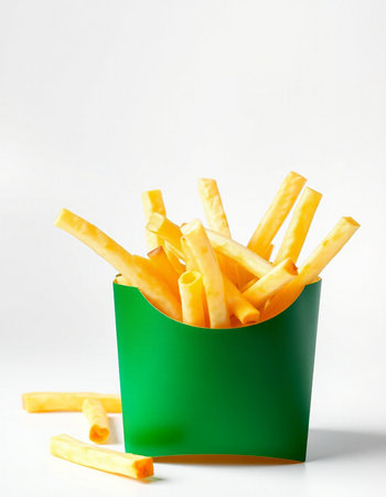 French fries in a green box on a white background. Fast food.