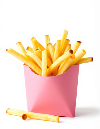 French fries in a pink box on a white background. Isolated