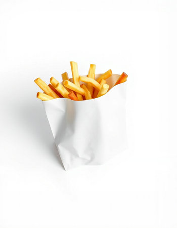 French fries in a white paper bag on a white background, isolatedの写真素材