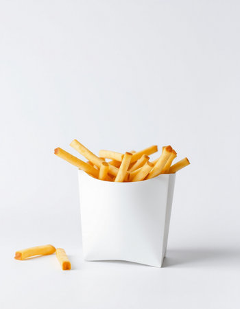 French fries in a paper cup on a white background. Fast food.の写真素材