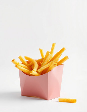 French fries in a pink box on a white background, fast food