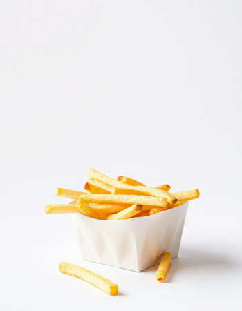 French fries in a white box on a white background with copy spaceの写真素材