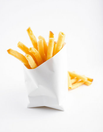 French fries in paper bag isolated on white background. Selective focus.