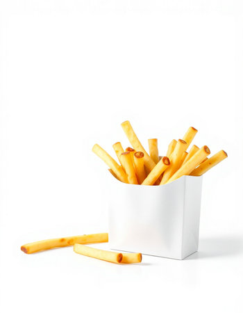 French fries in a white box on a white background. Isolated