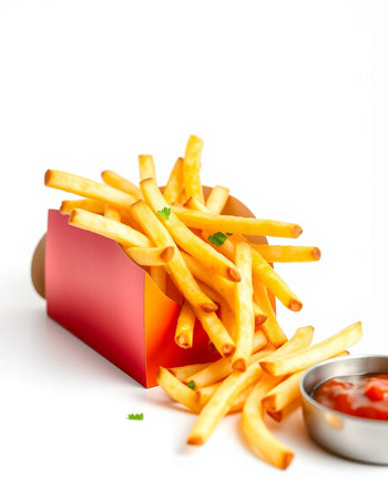 French fries with ketchup isolated on white background. Fast food concept.