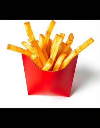French fries in a red box on a black and white background.