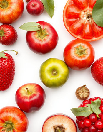 Composition with fresh fruits and berries on white background, top view