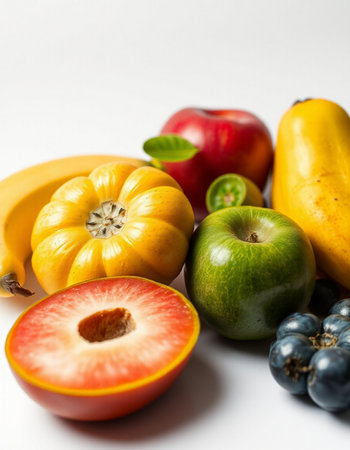 Fruits and vegetables on a white background. Healthy food concept.の写真素材