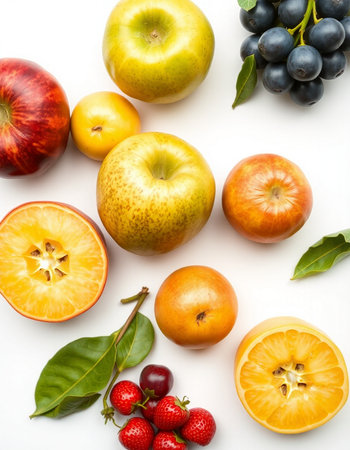 Fruits isolated on white background. Flat lay, top view.