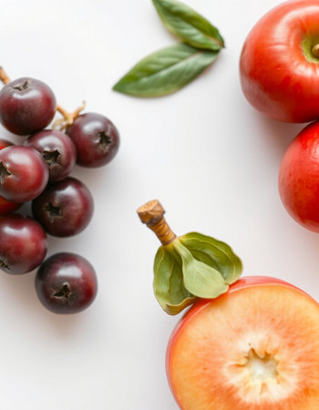 Red and black fruits on white background. Top view, flat lay.の写真素材
