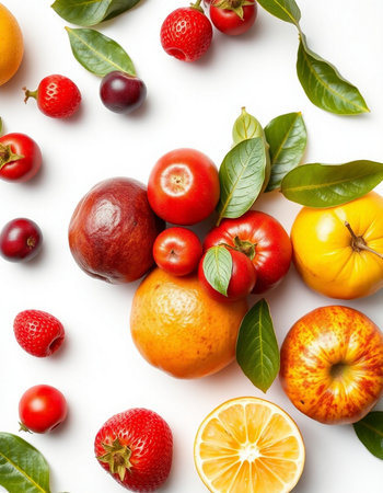 Fruits and berries on white background. Flat lay, top viewの写真素材