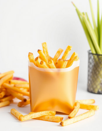 French fries in a paper bag on a white background. Selective focus.