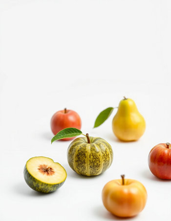 Autumn fruits on a white background. Autumn concept. Flat lay, top view.の写真素材