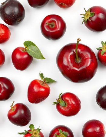 Red cherry isolated on white background. Top view. Flat lay pattern