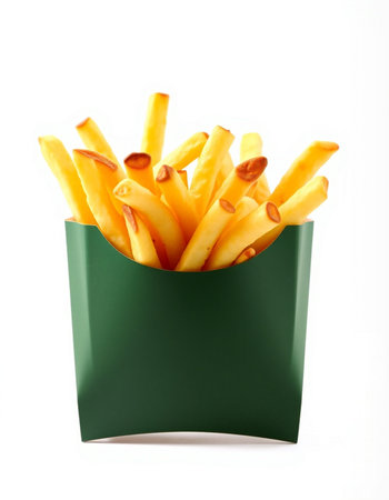 French fries in a green box isolated on white background. Fast food.の写真素材