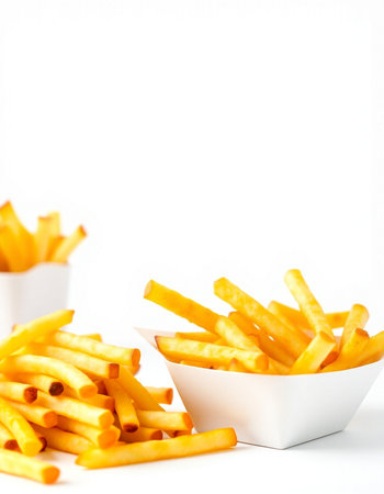 French fries in a paper box on a white background. Isolated