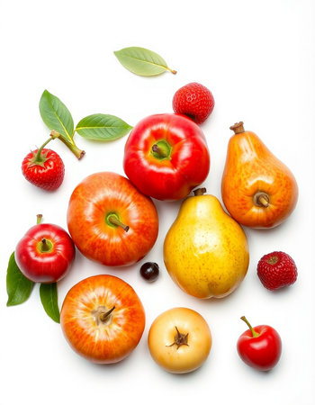 Fruits and berries isolated on a white background. Top view.