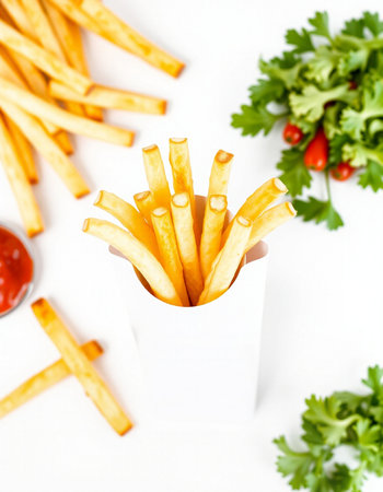 French fries with ketchup and parsley on a white background.