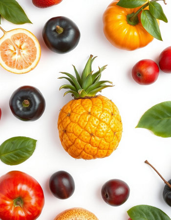 Fruits isolated on white background. Flat lay, top view.の写真素材