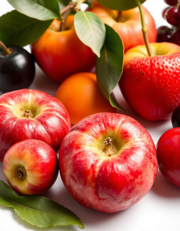Fruits and vegetables on a white background, close-up.の写真素材