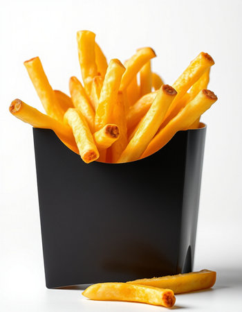 French fries in a black box on a white background. Close-up.
