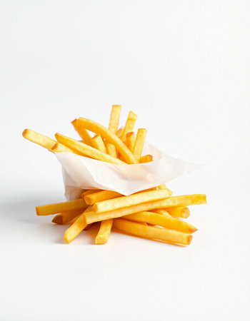 French fries in a paper bag on a white background. Fast food.