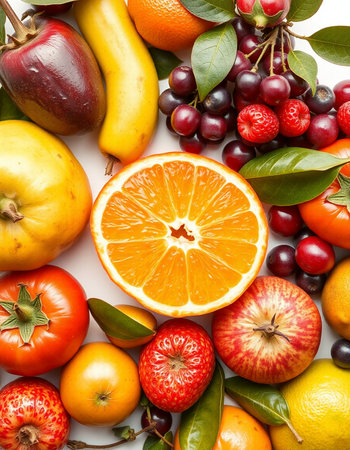 Variety of fresh fruits and vegetables isolated on white background. Top view.
