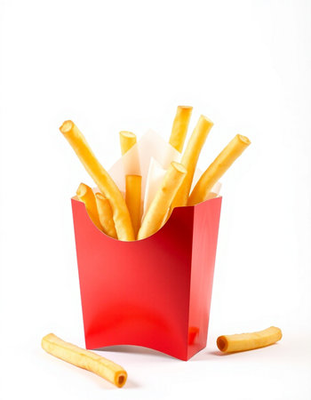 French fries in red box isolated on white background. Fast food.