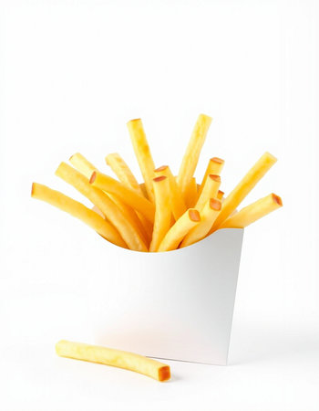 French fries in a white box on a white background. Isolated