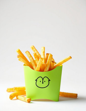 Funny yellow french fries in a paper cup with smiley faceの写真素材