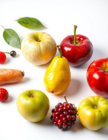 Fruits and vegetables on a white background. Healthy food concept.