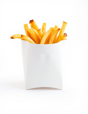 French fries in a white paper cup isolated on a white background.
