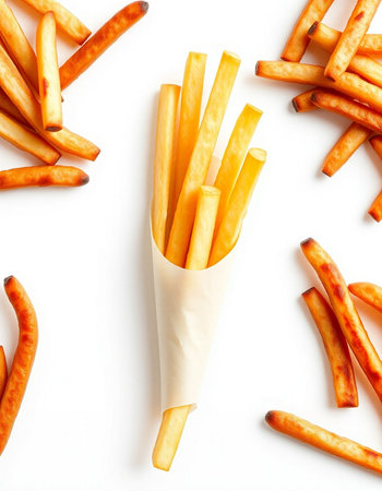 French fries in paper bag isolated on white background. Top view.