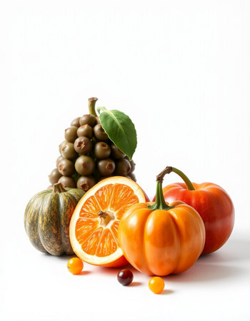 Autumn still life - pumpkins, berries and fruits on white backgroundの写真素材