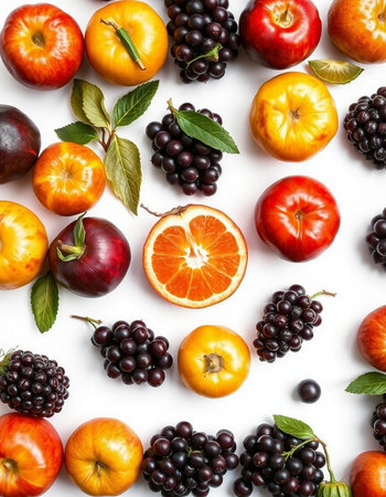 Fruits and berries on white background. Flat lay, top view