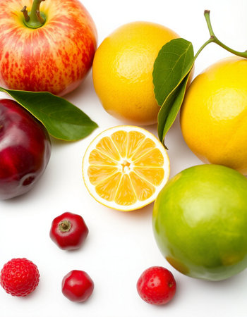 Fruits and berries on the white background. Healthy food concept.の写真素材