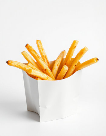 French fries in a paper box on white background. Selective focus.