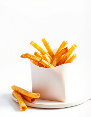 French fries in a paper box on a white background. Selective focus.