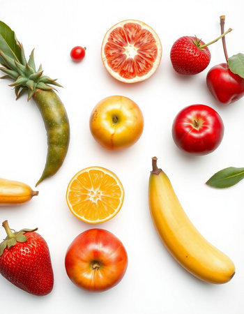 Fruits and vegetables isolated on a white background. Top view.の写真素材