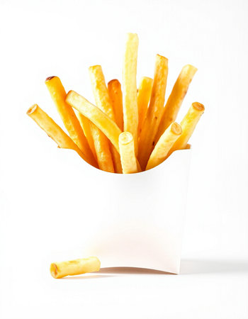French fries in a paper box on a white background. Isolated