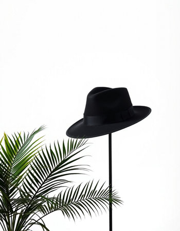 Black hat and palm leaves on a white background. Copy space.の写真素材