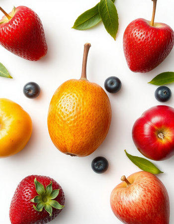 Fruit background with strawberries, cherries, pears and blueberriesの写真素材