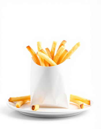 French fries in a white paper box isolated on a white background.