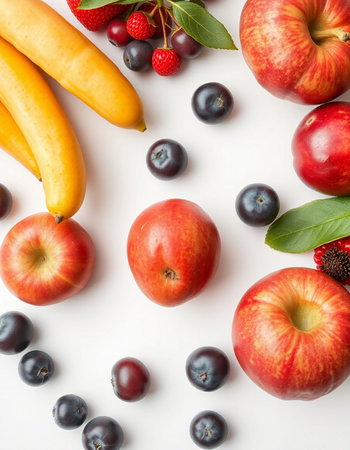 Fresh fruits on white background. Healthy food concept. Top view.の写真素材