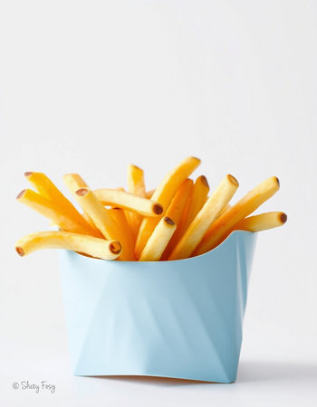 French fries in a blue bowl on a white background. Selective focus.の写真素材