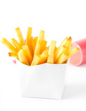 French fries in a paper box on a white background. Selective focus.