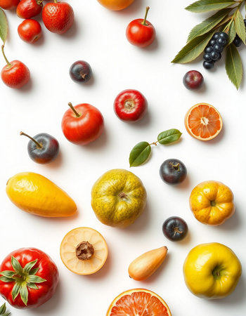 Fruits and vegetables on white background. Flat lay, top viewの写真素材